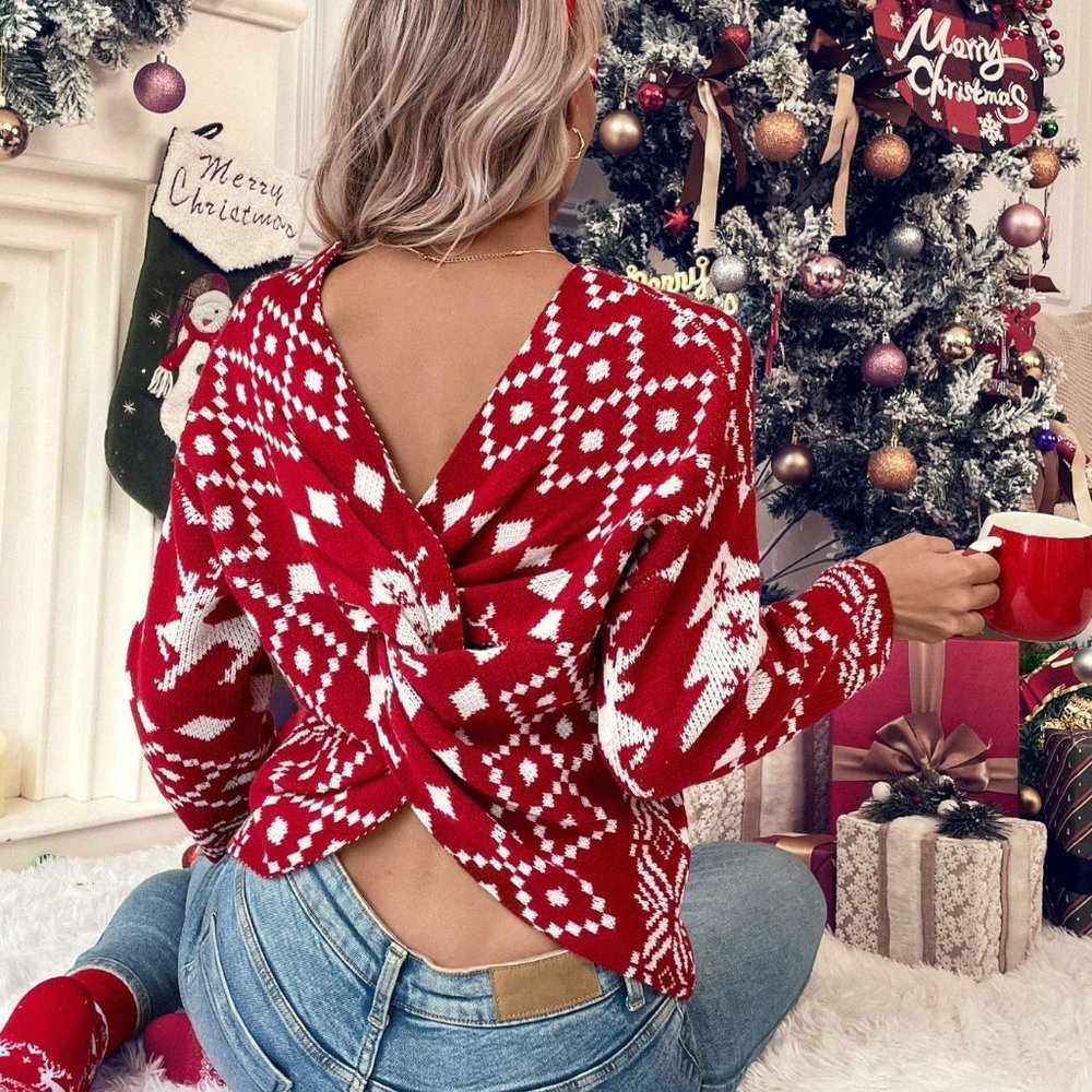 Red Casual Womens Geo Pattern Twist Back Drop Shoulder Sweater - Picture 4 of 6